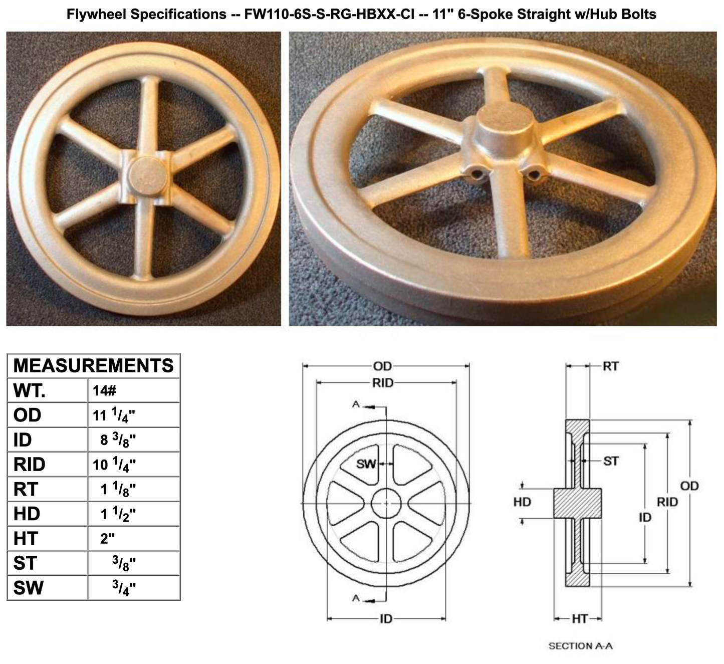 11" Flywheel 6-Spoke Straight with Hub Bolts